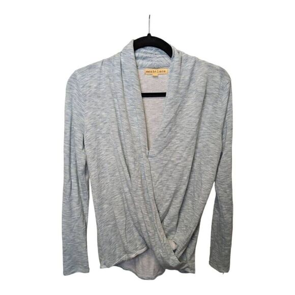 Mesh+Lace Draped Twist Long Sleeve Top Light V-Neck Gray Women's Size Extra Smal - Picture 1 of 6